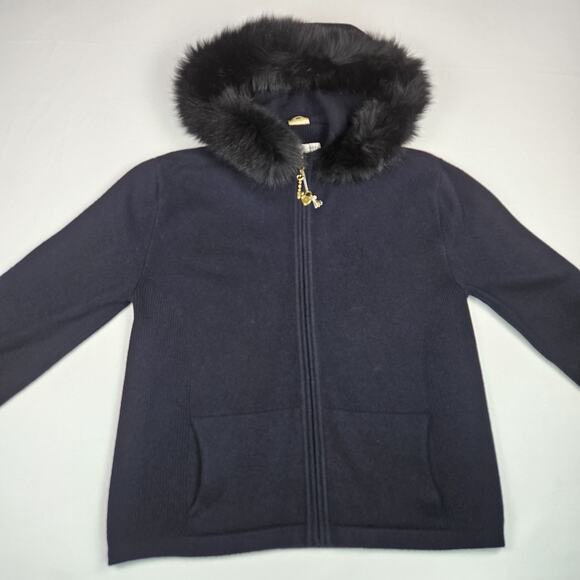 VTG St John Women Cashmere Cardigan Sweater Fox Fur Trim Hood Zip Jacket M Black - Picture 16 of 16